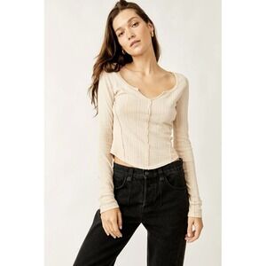 Free People We The Free Eyes On You Top Cream Ribbed Long Sleeve Size M Medium